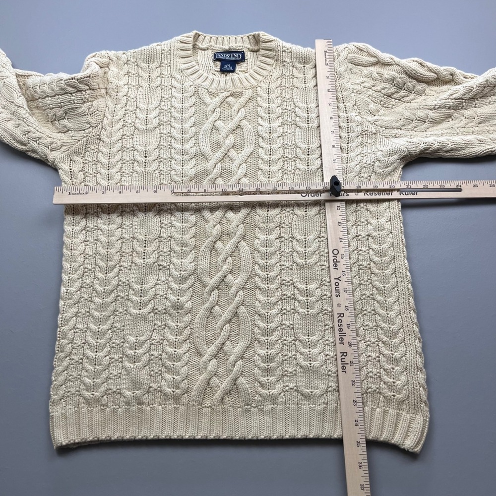 Vintage Lands End Chunky Cable Knit Sweater Mens M Cream Cotton Crewneck USA - Picture 11 of 12